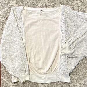 Free People Cream Open-Knit Fringe Sweatshirt